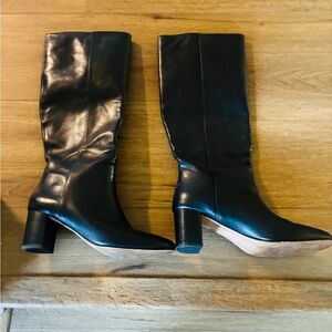 J. Crew Black Leather Knee-High Block Heel Boots